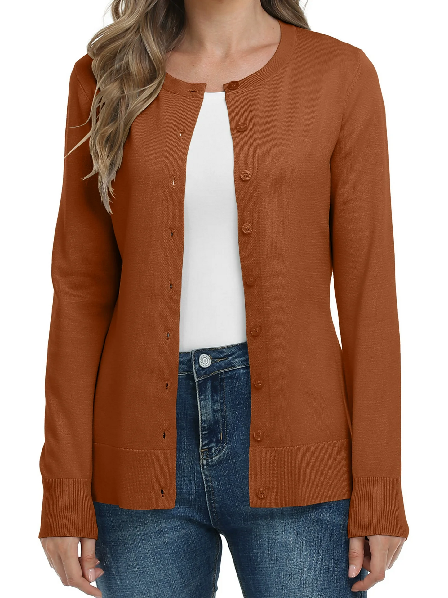 Aiyino Women's Long Sleeve Button Down Crew Neck Classic Sweater Knit Cardigan
