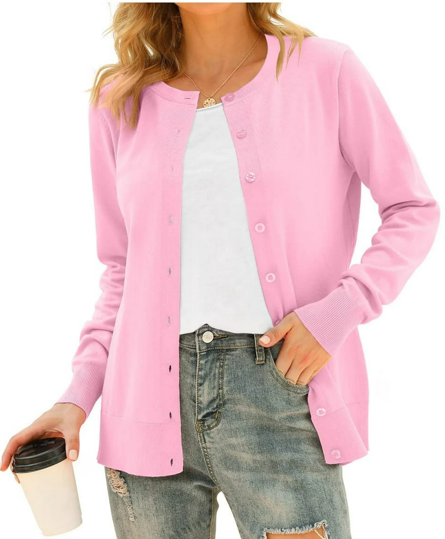 Aiyino Women's Long Sleeve Button Down Crew Neck Classic Sweater Knit Cardigan