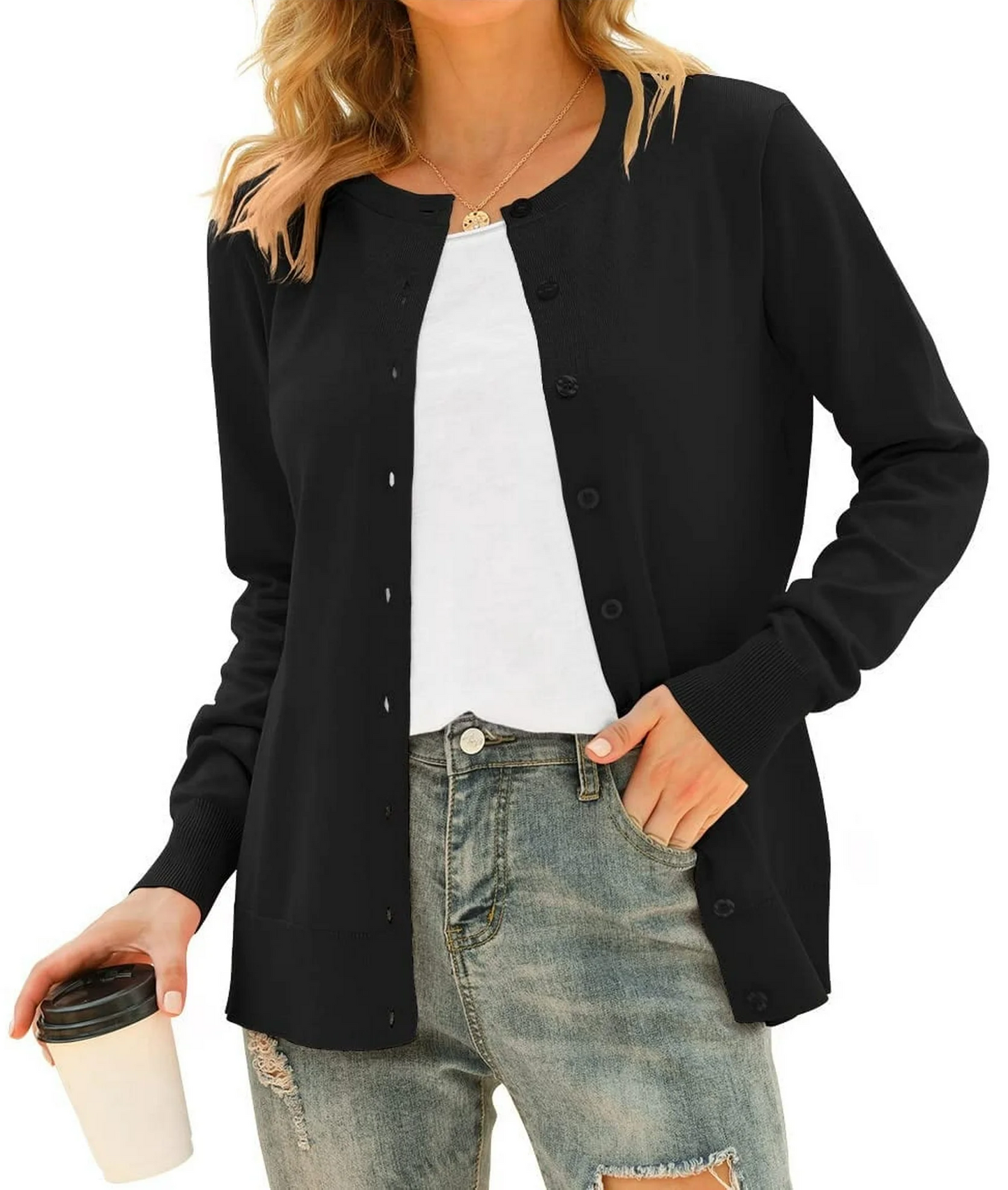 Aiyino Women's Long Sleeve Button Down Crew Neck Classic Sweater Knit Cardigan
