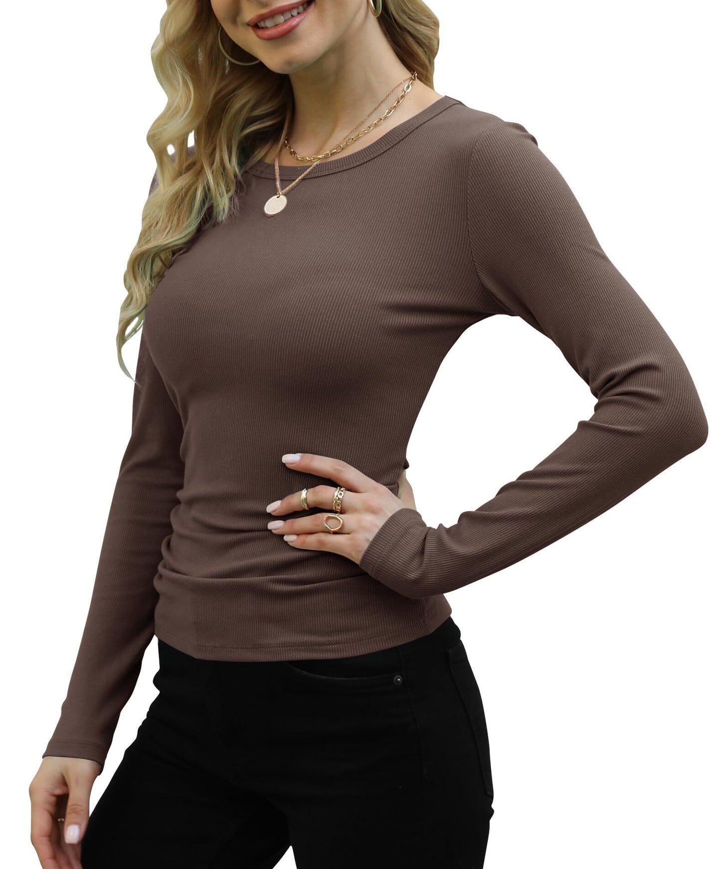Aiyino Womens Basic Shirts Ribbed Long Sleeve Crewneck Casual Slim Fitted Knit Tops