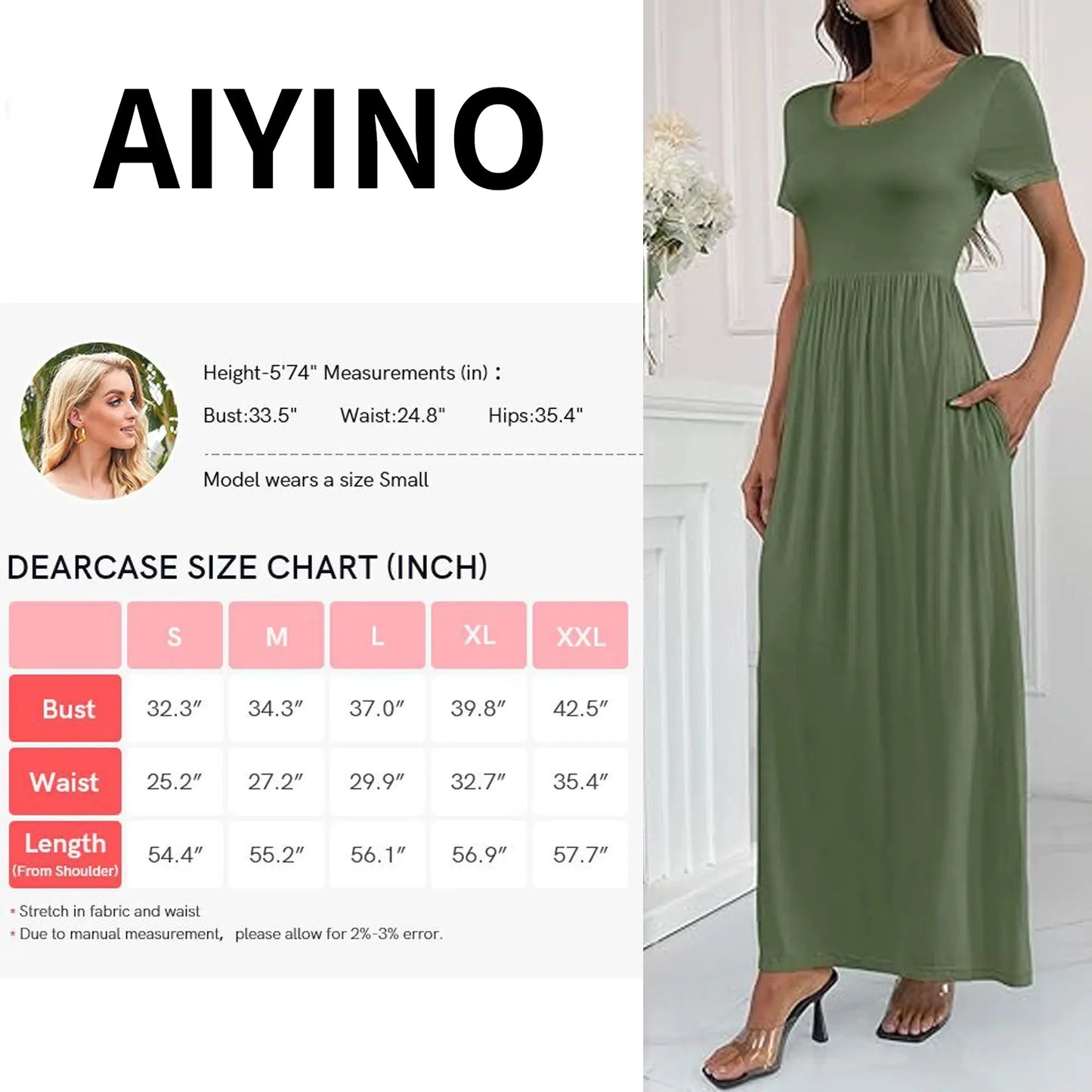Aiyino Women's Maxi Dresses Short Sleeve Casual Long Dresses Loose with Pockets
