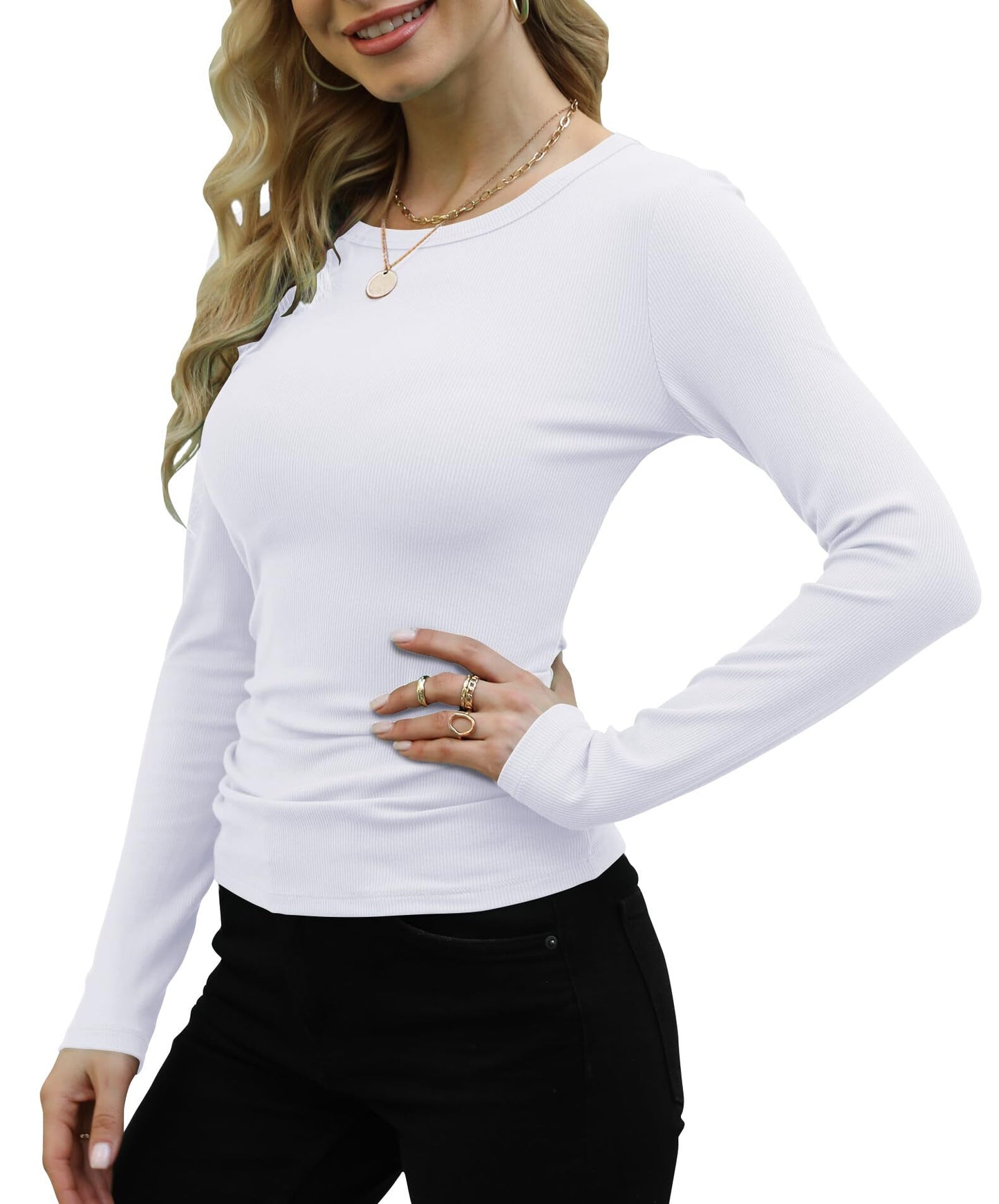 Aiyino Womens Basic Shirts Ribbed Long Sleeve Crewneck Casual Slim Fitted Knit Tops