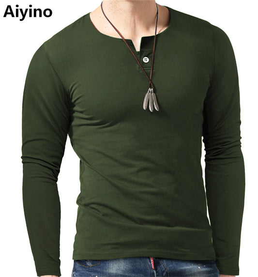 Aiyino Men's Casual Slim Fit Single Button Long Sleeve Placket Plain Henley Top T Shirts