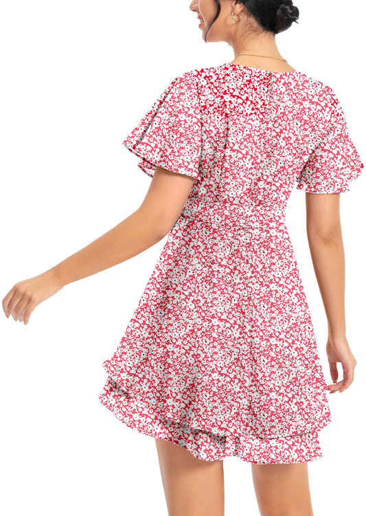 Aiyino Women's Dress Deep V-Neck Long Sleeve Waist Tie Ruffle Mini Swing Skater Dresses,Floral Pink