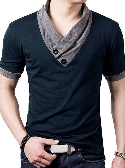 YTD 100% Cotton Mens Casual V-Neck Button Slim Muscle Tops Tee Short/Long Sleeve T-Shirts