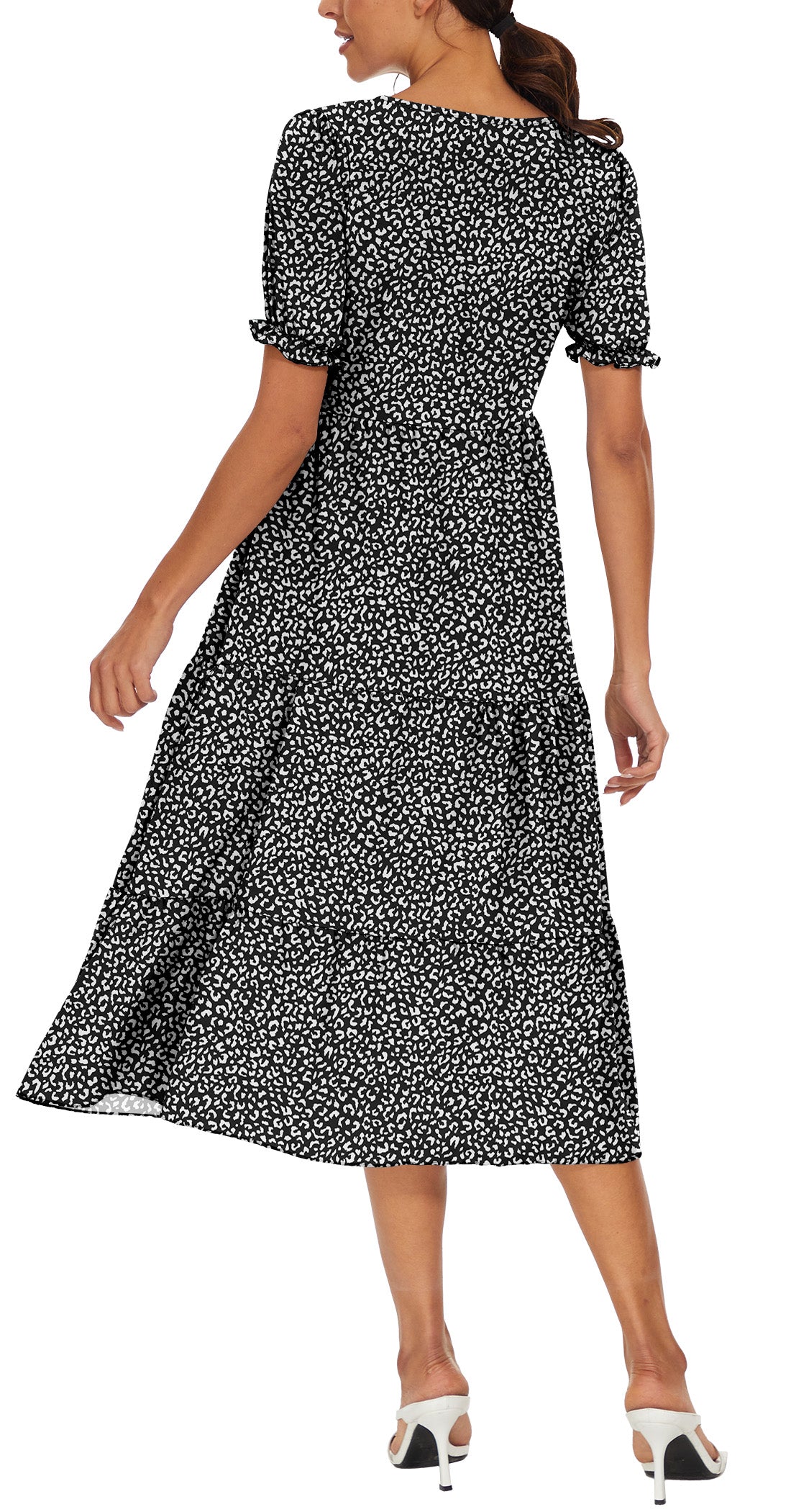 Aiyino Women's Summer Casual Boho Dress Floral Print Ruffle Puff Sleeve High Waist Midi Beach Dresses