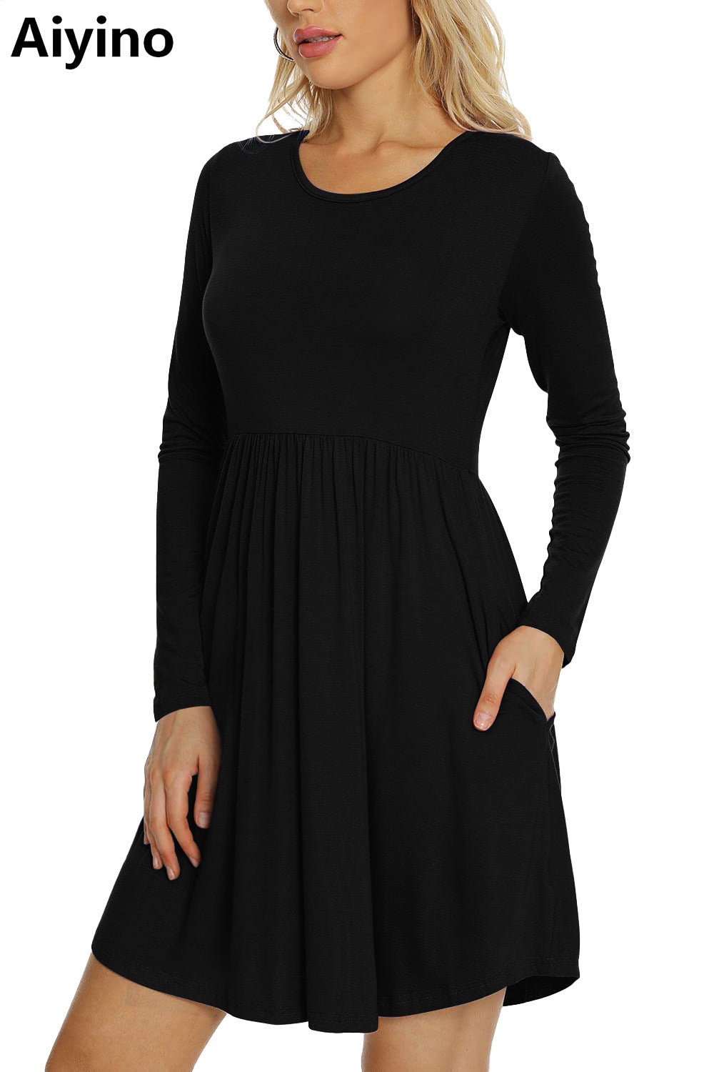 Aiyino Women's Long Sleeve Loose Plain Dresses Casual Short Dress with