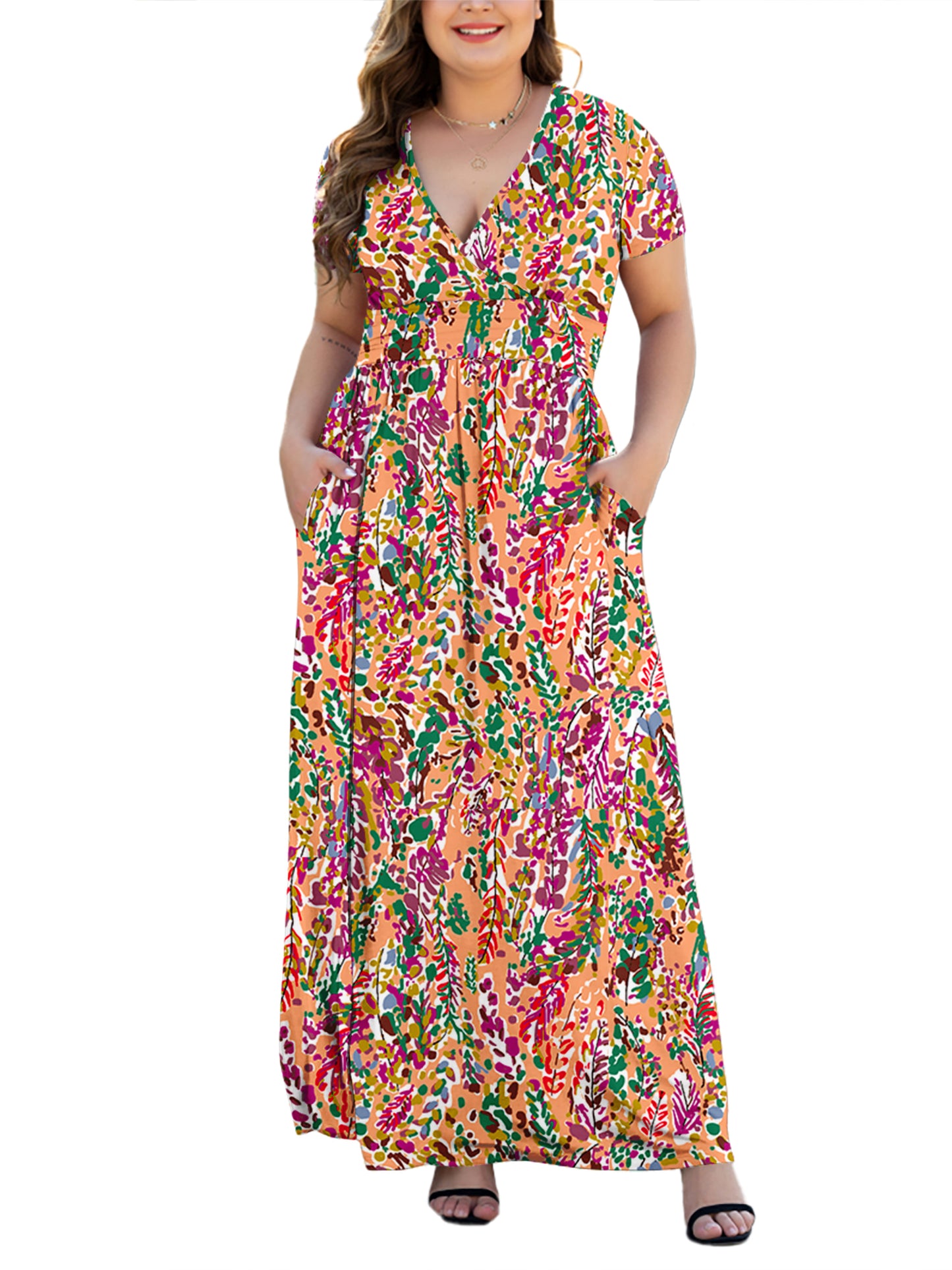 Aiyino Women's L-5XL Long Sleeve V-Neck Plus Size Casual Maxi Dresses with Pockets