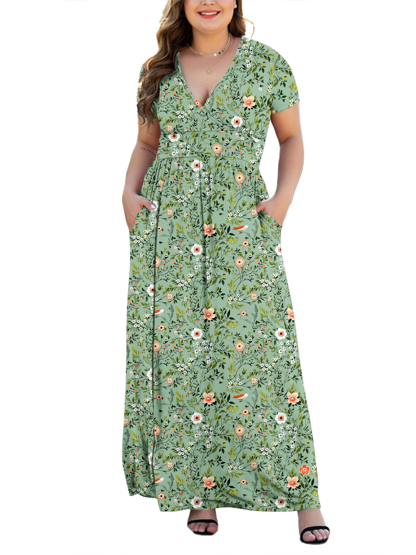 Aiyino Women's L-5XL Long Sleeve V-Neck Plus Size Casual Maxi Dresses with Pockets