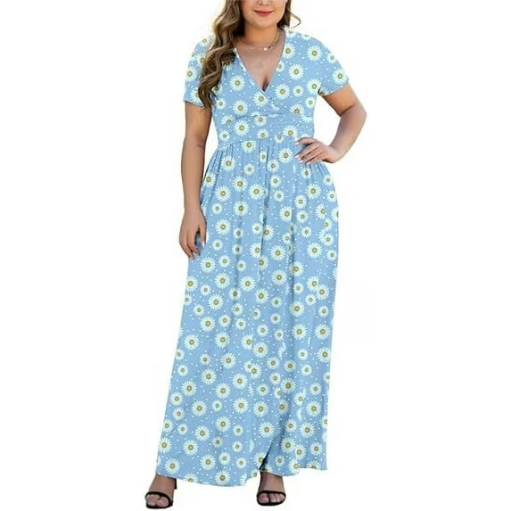 Aiyino Women's L-5XL Long Sleeve V-Neck Plus Size Casual Maxi Dresses with Pockets