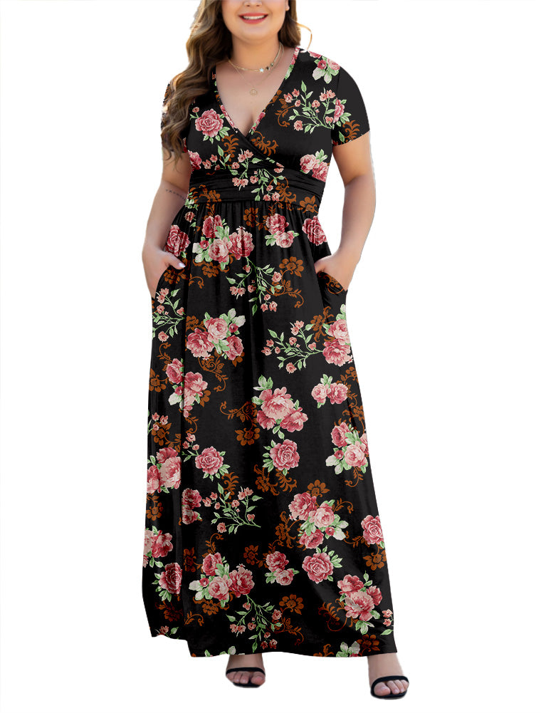 Aiyino Women's L-5XL Long Sleeve V-Neck Plus Size Casual Maxi Dresses with Pockets