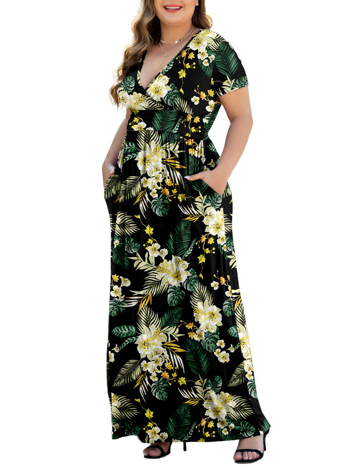Aiyino Women's L-5XL Long Sleeve V-Neck Plus Size Casual Maxi Dresses with Pockets