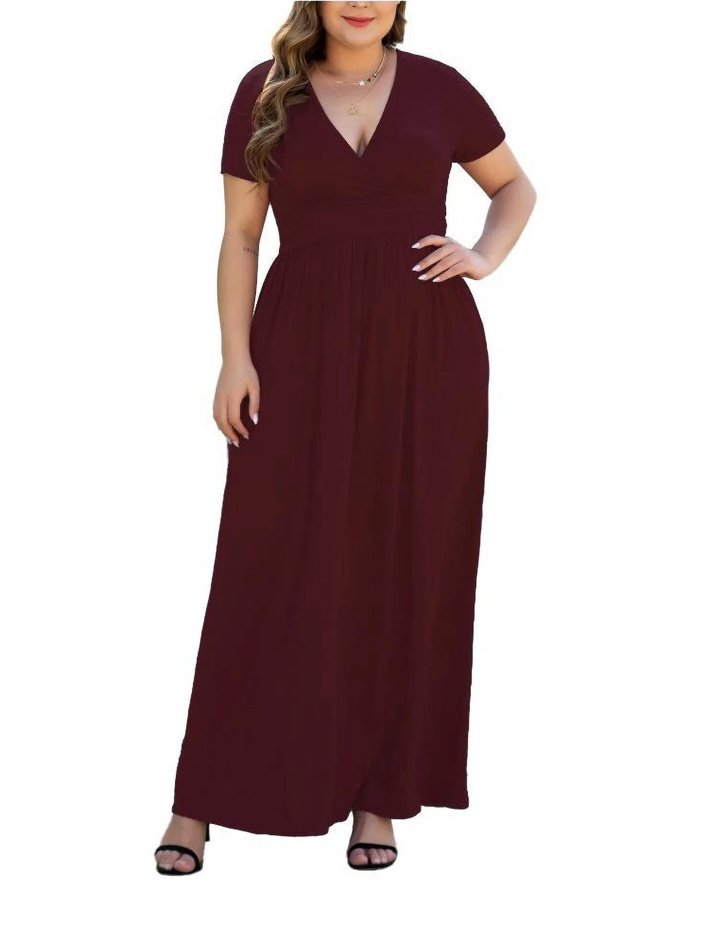 Aiyino Women's L-5XL Long Sleeve V-Neck Plus Size Casual Maxi Dresses with Pockets