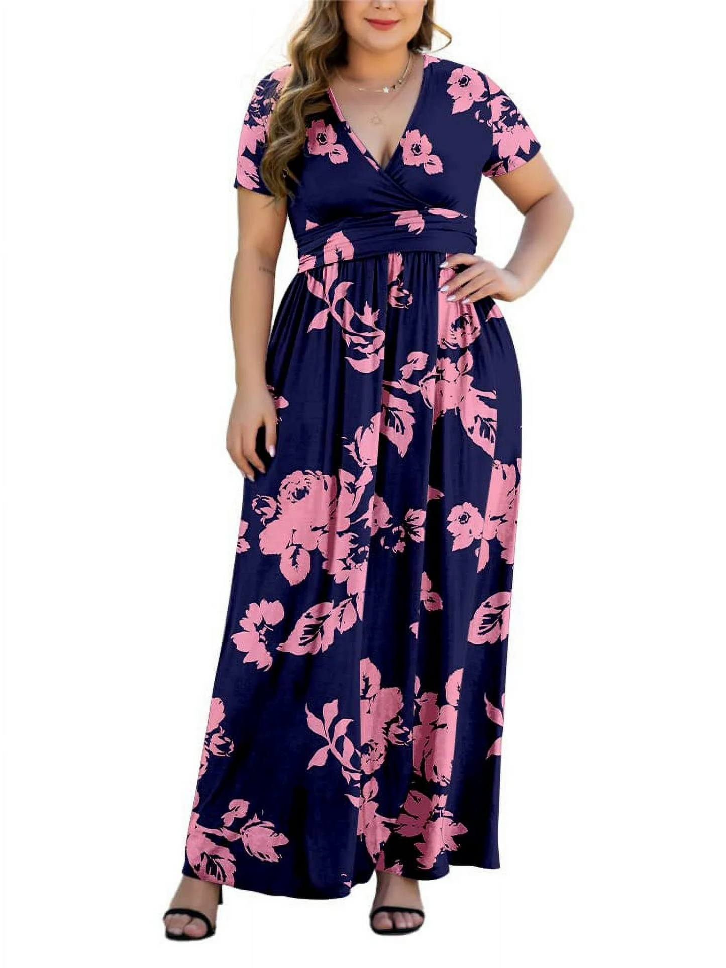 Aiyino Women's L-5XL Long Sleeve V-Neck Plus Size Casual Maxi Dresses with Pockets