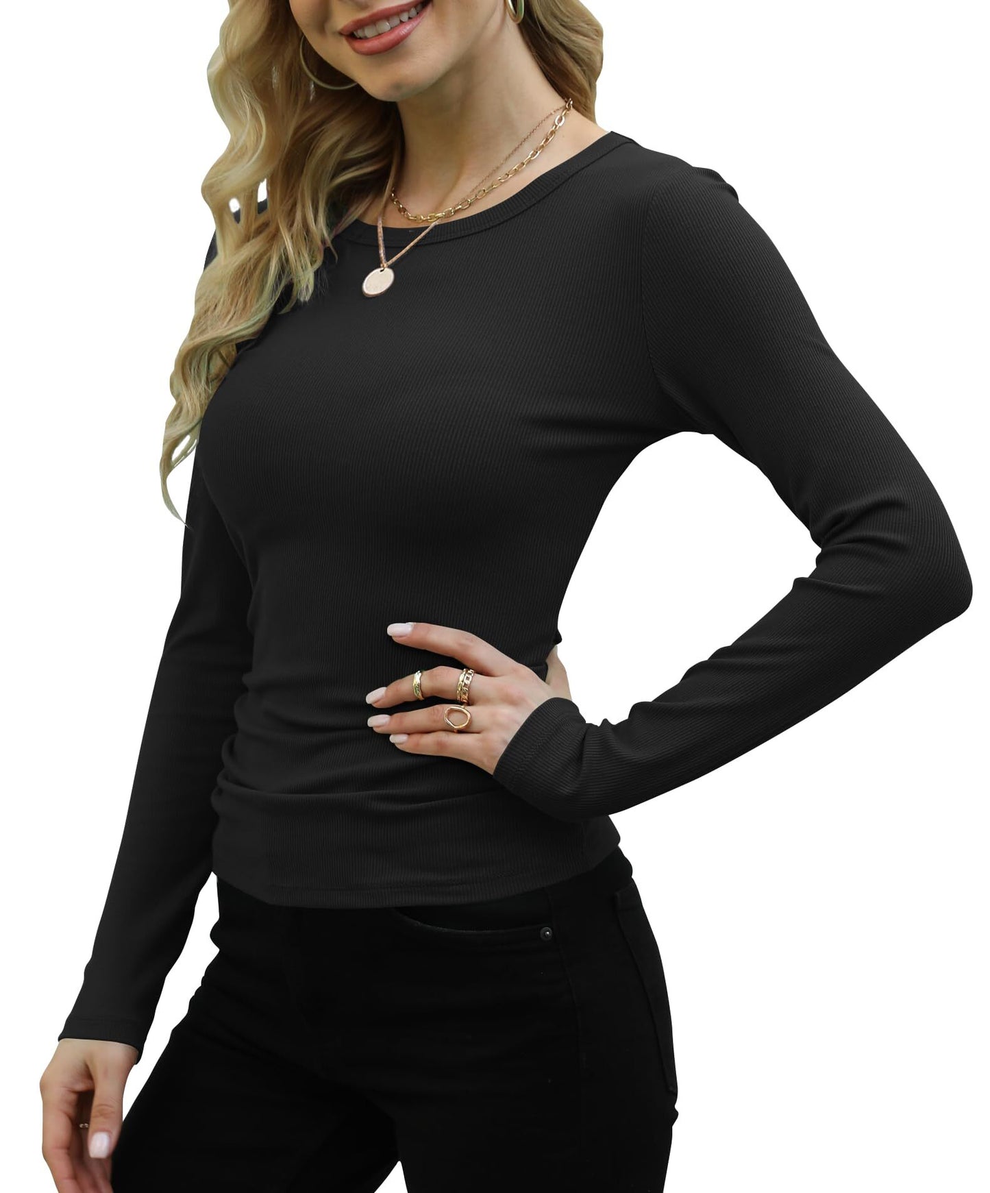 Aiyino Womens Basic Shirts Ribbed Long Sleeve Crewneck Casual Slim Fitted Knit Tops