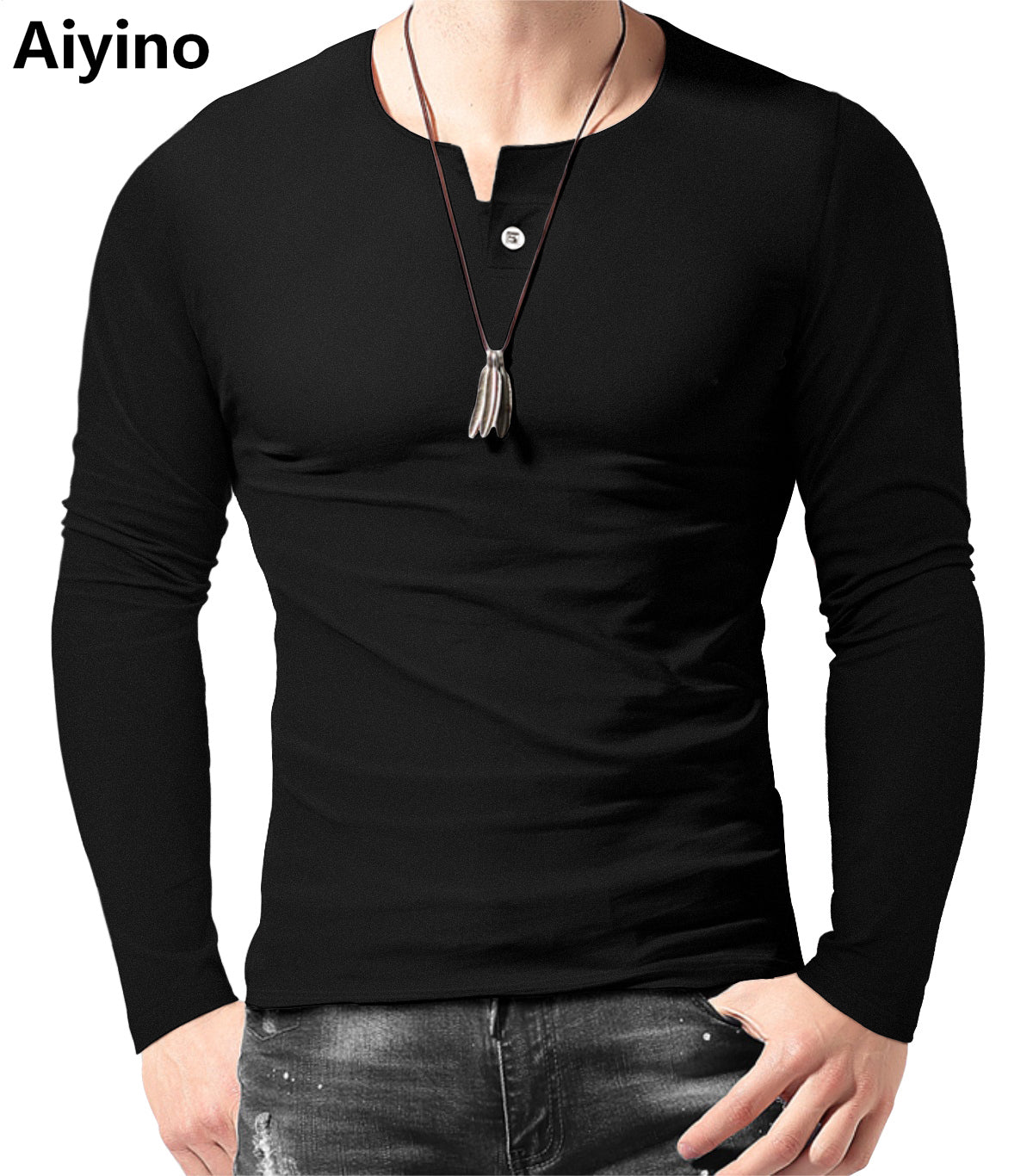Aiyino Men's Casual Slim Fit Single Button Long Sleeve Placket Plain Henley Top T Shirts