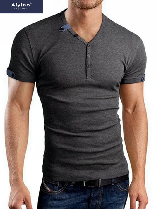 Aiyino Mens Summer Casul V-neck Button Cuffs Cardigan Short Sleeve T-Shirts