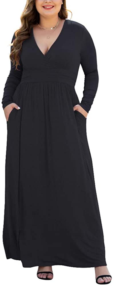 HAOMEILI Women's L-5XL Long Sleeve V-Neck Plus Size Casual Maxi Dresses with Pockets