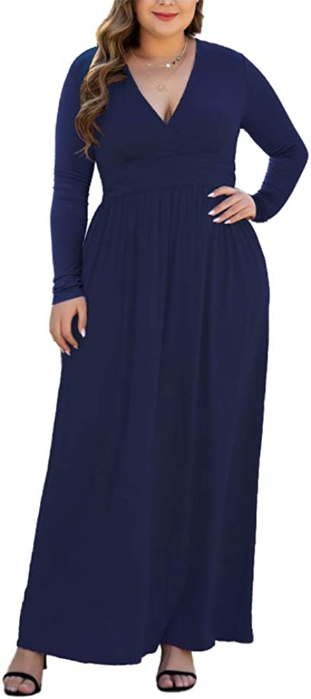 HAOMEILI Women's L-5XL Long Sleeve V-Neck Plus Size Casual Maxi Dresses with Pockets