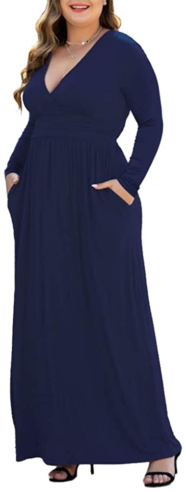 HAOMEILI Women's L-5XL Long Sleeve V-Neck Plus Size Casual Maxi Dresses with Pockets