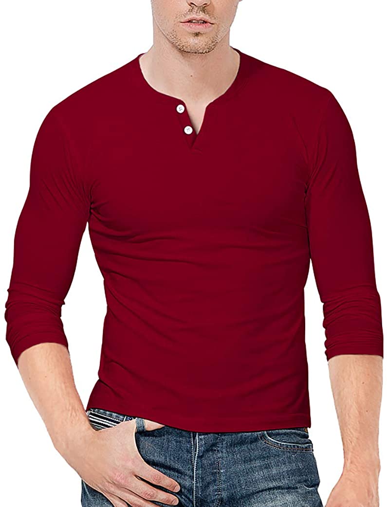 Mens Casual Long Sleeve Henley Shirt Fashion Front Placket Slim-Fit T-Shirts