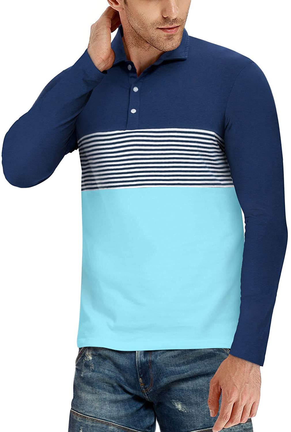 YTD Men's Short Sleeve Polo Shirts Casual Slim Fit Contrast Color Stitching Stripe Cotton Shirts