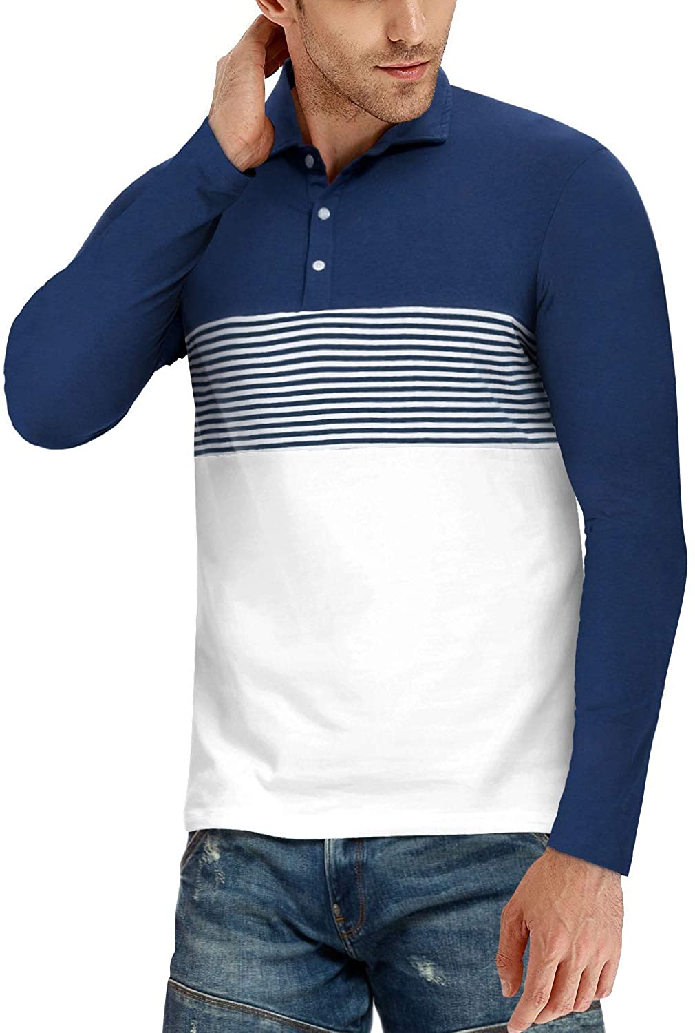 YTD Men's Short Sleeve Polo Shirts Casual Slim Fit Contrast Color Stitching Stripe Cotton Shirts