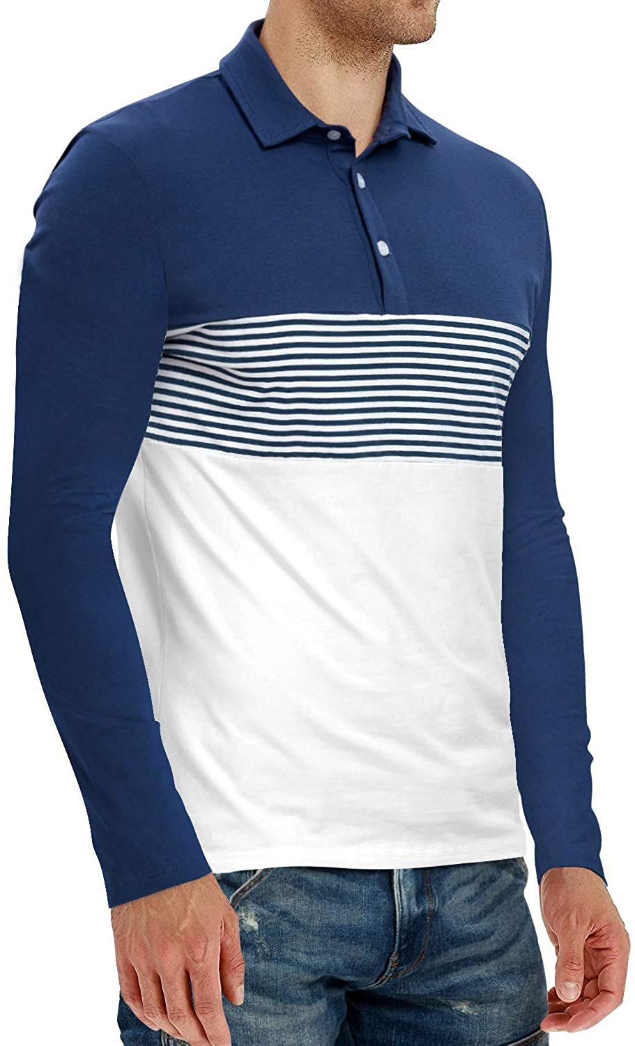 YTD Men's Short Sleeve Polo Shirts Casual Slim Fit Contrast Color Stitching Stripe Cotton Shirts