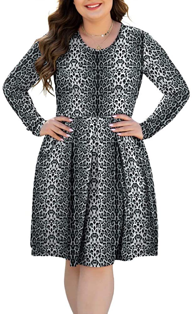 HAOMEILI Women's Plus Size Long Sleeve Dress Casual Pleated Swing Dresses with Pockets