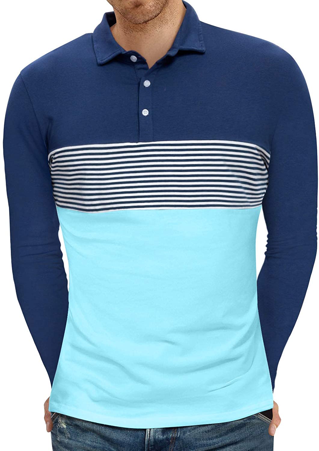 YTD Men's Short Sleeve Polo Shirts Casual Slim Fit Contrast Color Stitching Stripe Cotton Shirts