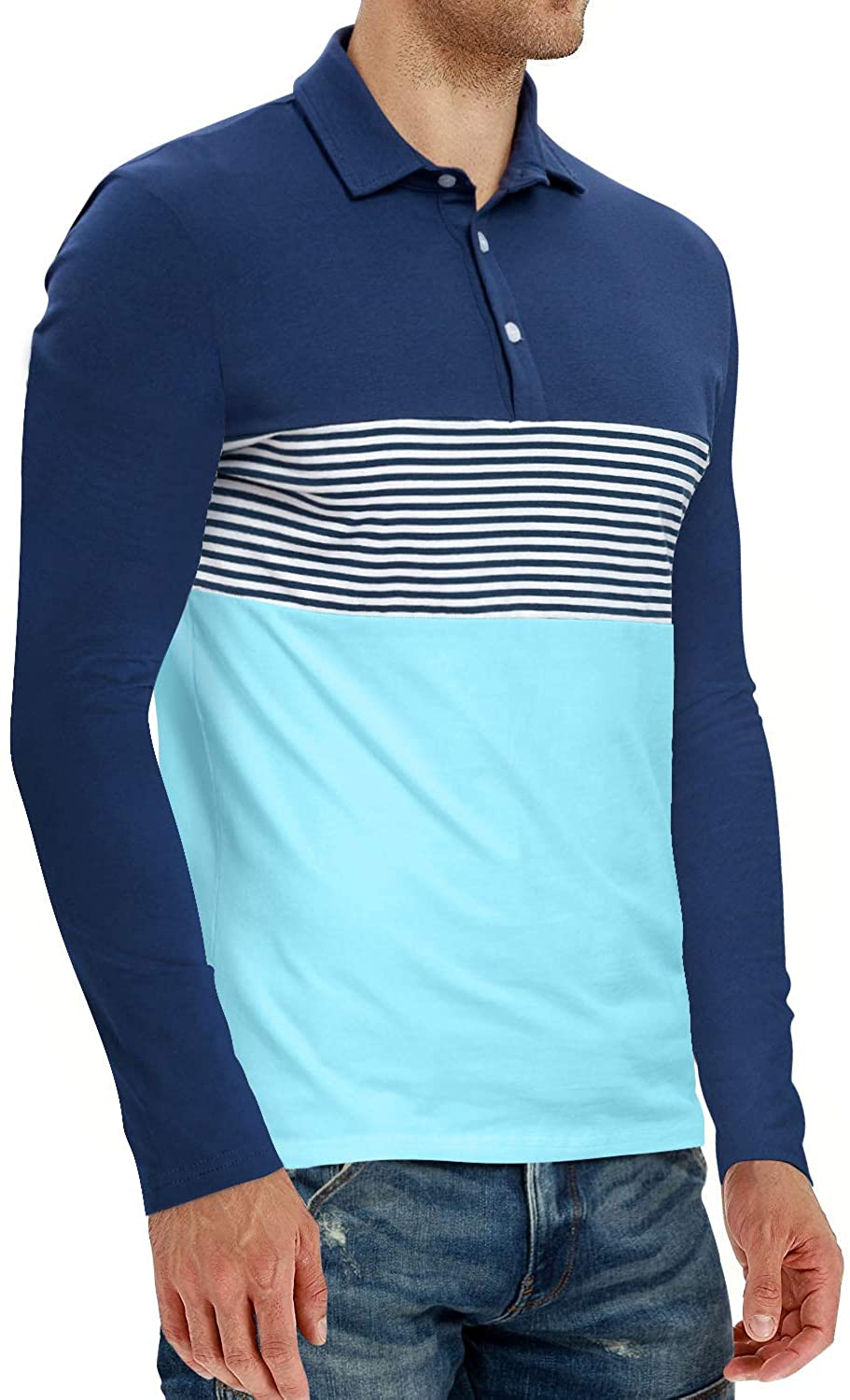 YTD Men's Short Sleeve Polo Shirts Casual Slim Fit Contrast Color Stitching Stripe Cotton Shirts