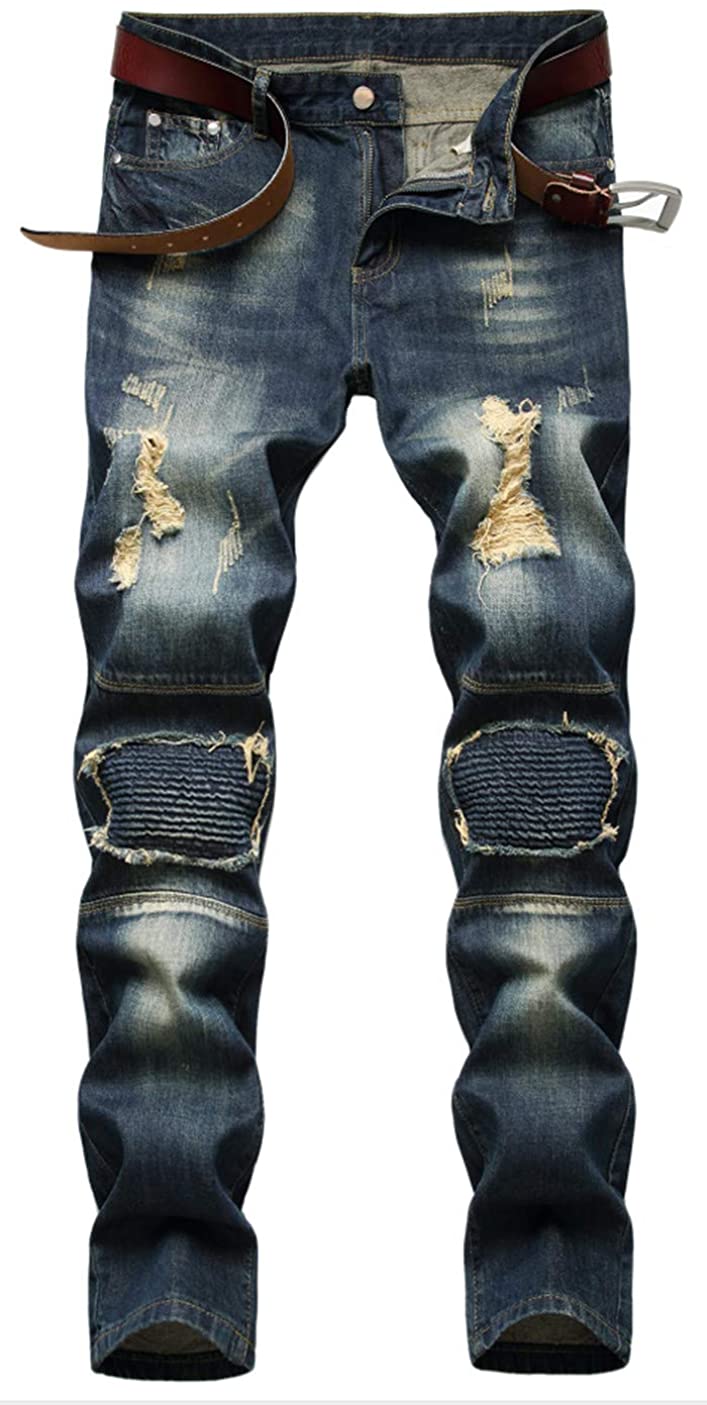 KUYIGO Men's Fashion Slim Straight fit Biker Jeans with Zipper Deco