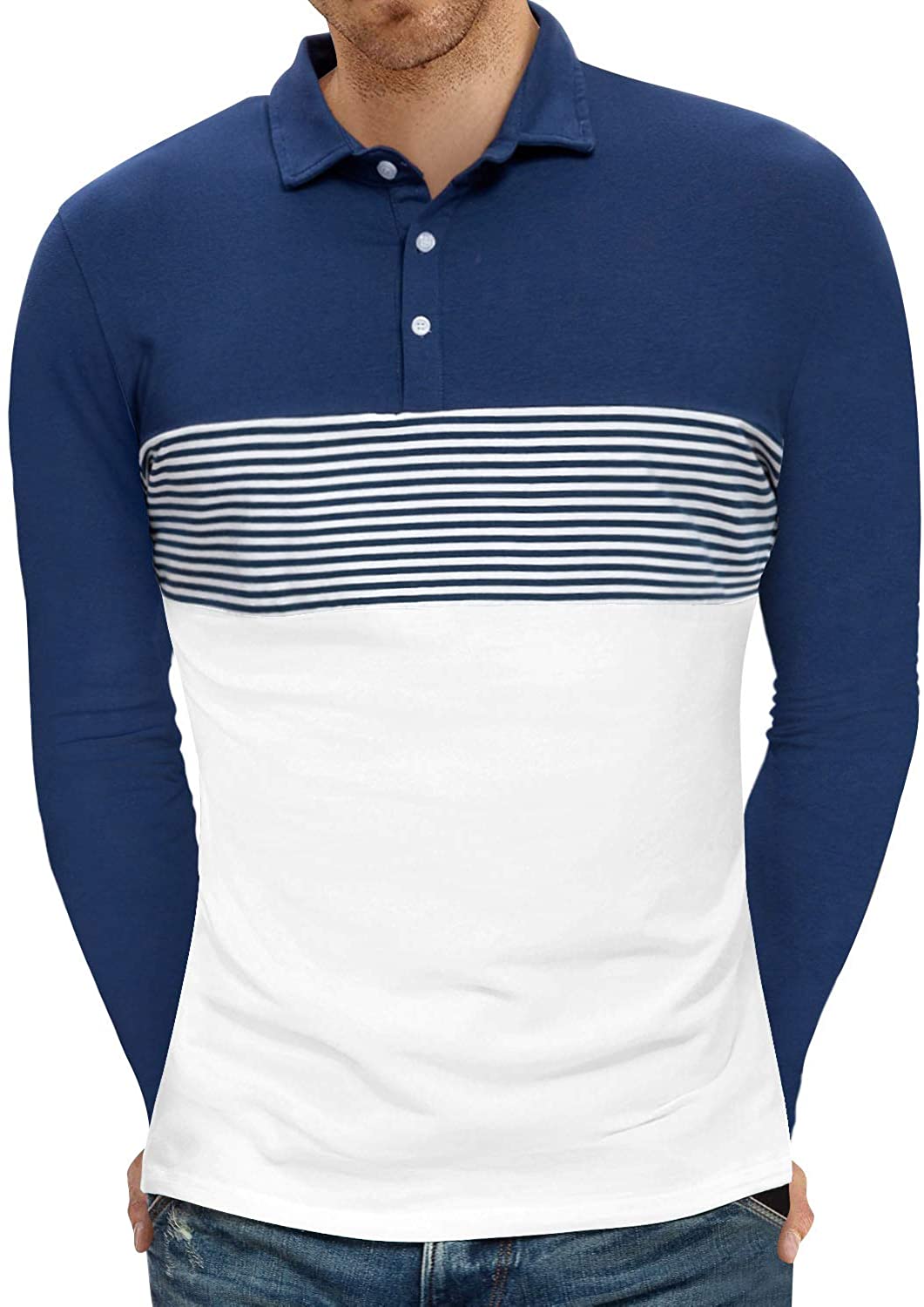 YTD Men's Short Sleeve Polo Shirts Casual Slim Fit Contrast Color Stitching Stripe Cotton Shirts