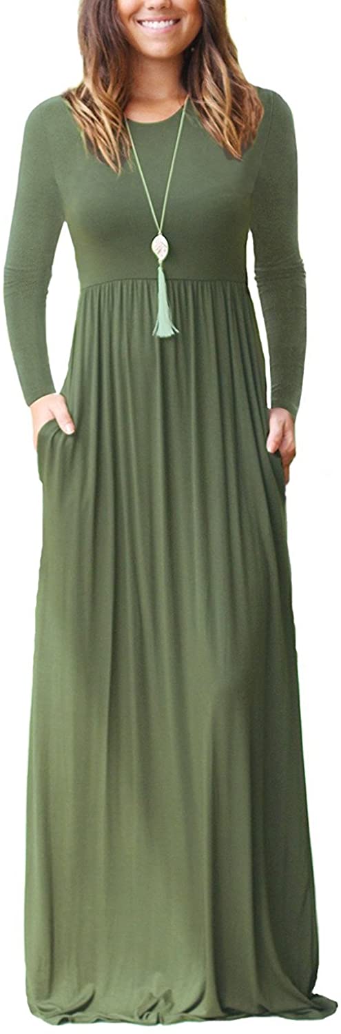 HAOMEILI Women's Long Sleeve Loose Plain Long Maxi Casual Dresses with Pockets