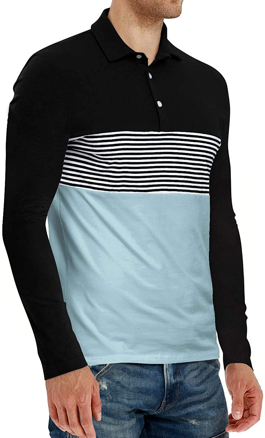 YTD Men's Short Sleeve Polo Shirts Casual Slim Fit Contrast Color Stitching Stripe Cotton Shirts