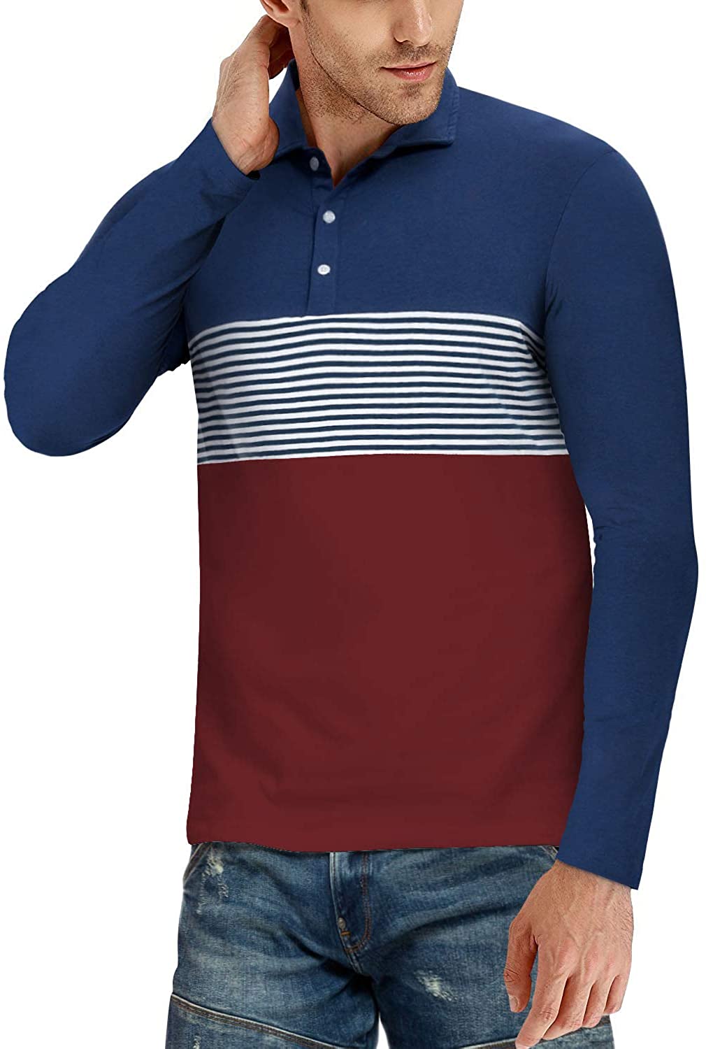 YTD Men's Short Sleeve Polo Shirts Casual Slim Fit Contrast Color Stitching Stripe Cotton Shirts