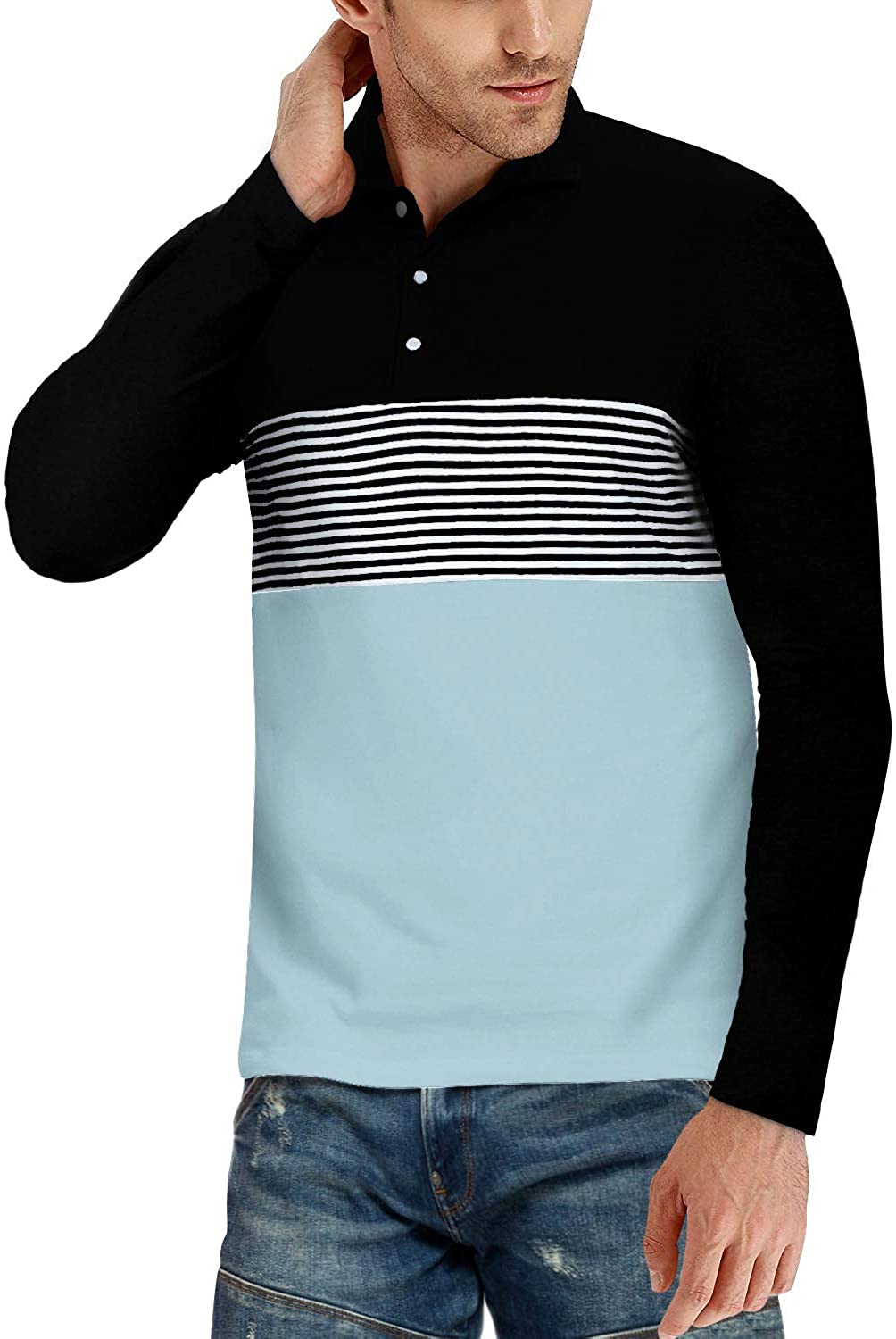 YTD Men's Short Sleeve Polo Shirts Casual Slim Fit Contrast Color Stitching Stripe Cotton Shirts