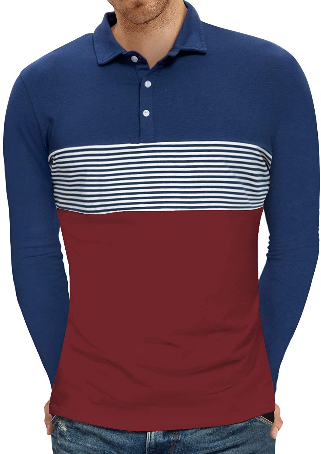 YTD Men's Short Sleeve Polo Shirts Casual Slim Fit Contrast Color Stitching Stripe Cotton Shirts