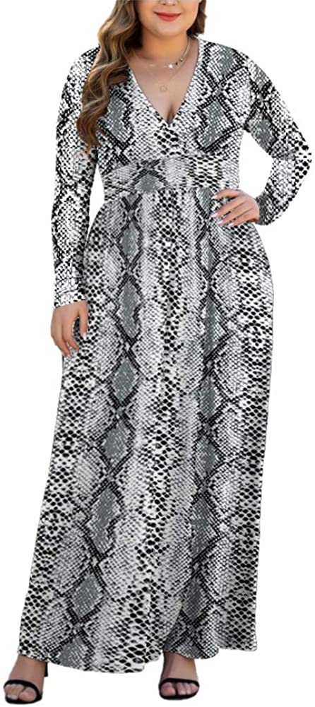 HAOMEILI Women's L-5XL Long Sleeve V-Neck Plus Size Casual Maxi Dresses with Pockets