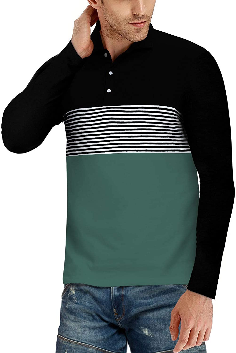 YTD Men's Short Sleeve Polo Shirts Casual Slim Fit Contrast Color Stitching Stripe Cotton Shirts