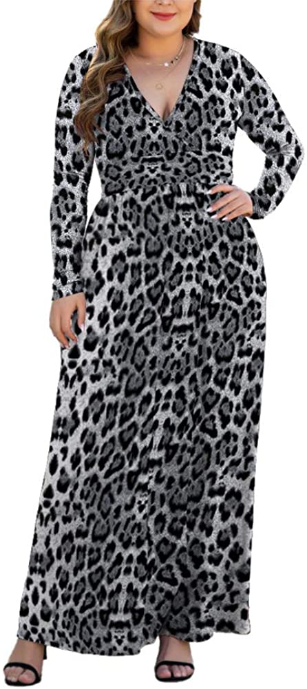 HAOMEILI Women's L-5XL Long Sleeve V-Neck Plus Size Casual Maxi Dresses with Pockets