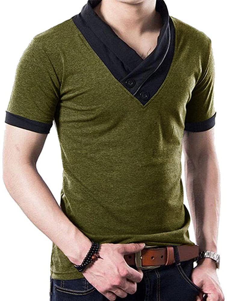 YTD 100% Cotton Mens Casual V-Neck Button Slim Muscle Tops Tee Short/Long Sleeve T-Shirts