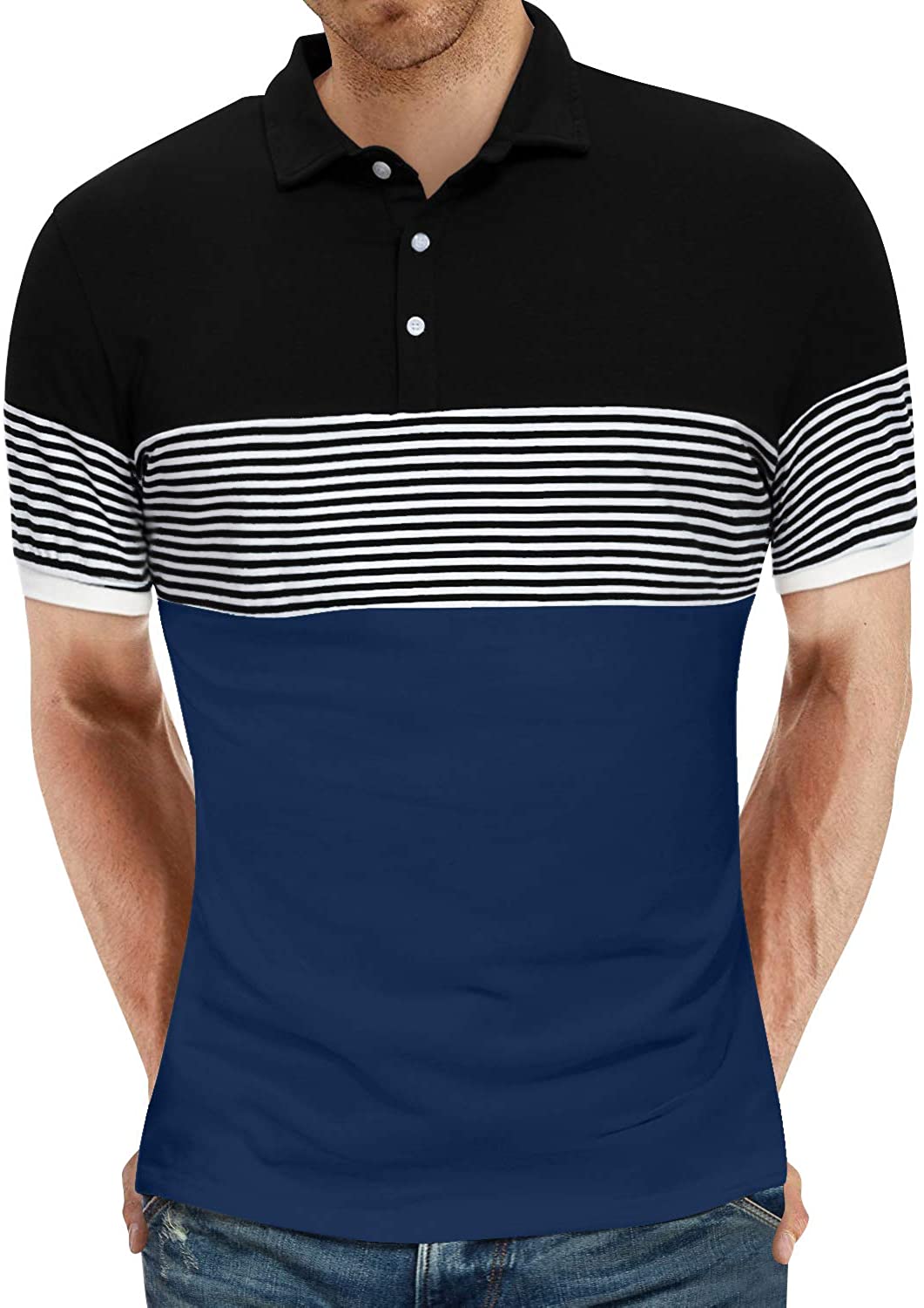 YTD Men's Short Sleeve Polo Shirts Casual Slim Fit Contrast Color Stitching Stripe Cotton Shirts