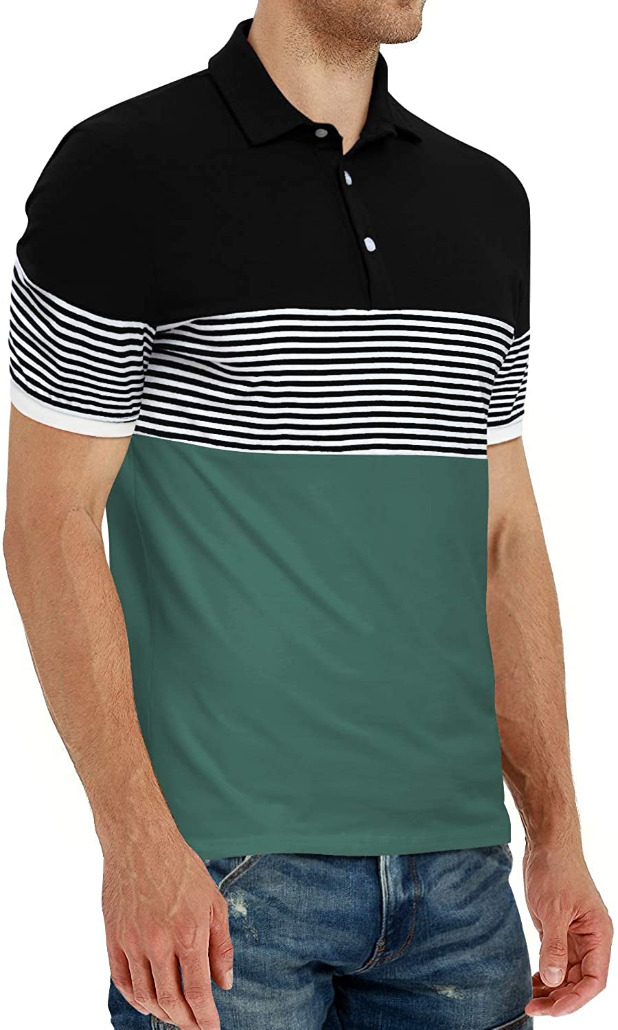 YTD Men's Short Sleeve Polo Shirts Casual Slim Fit Contrast Color Stitching Stripe Cotton Shirts