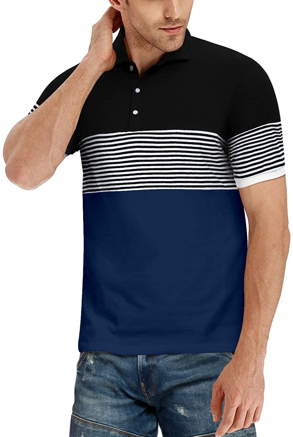 YTD Men's Short Sleeve Polo Shirts Casual Slim Fit Contrast Color Stitching Stripe Cotton Shirts