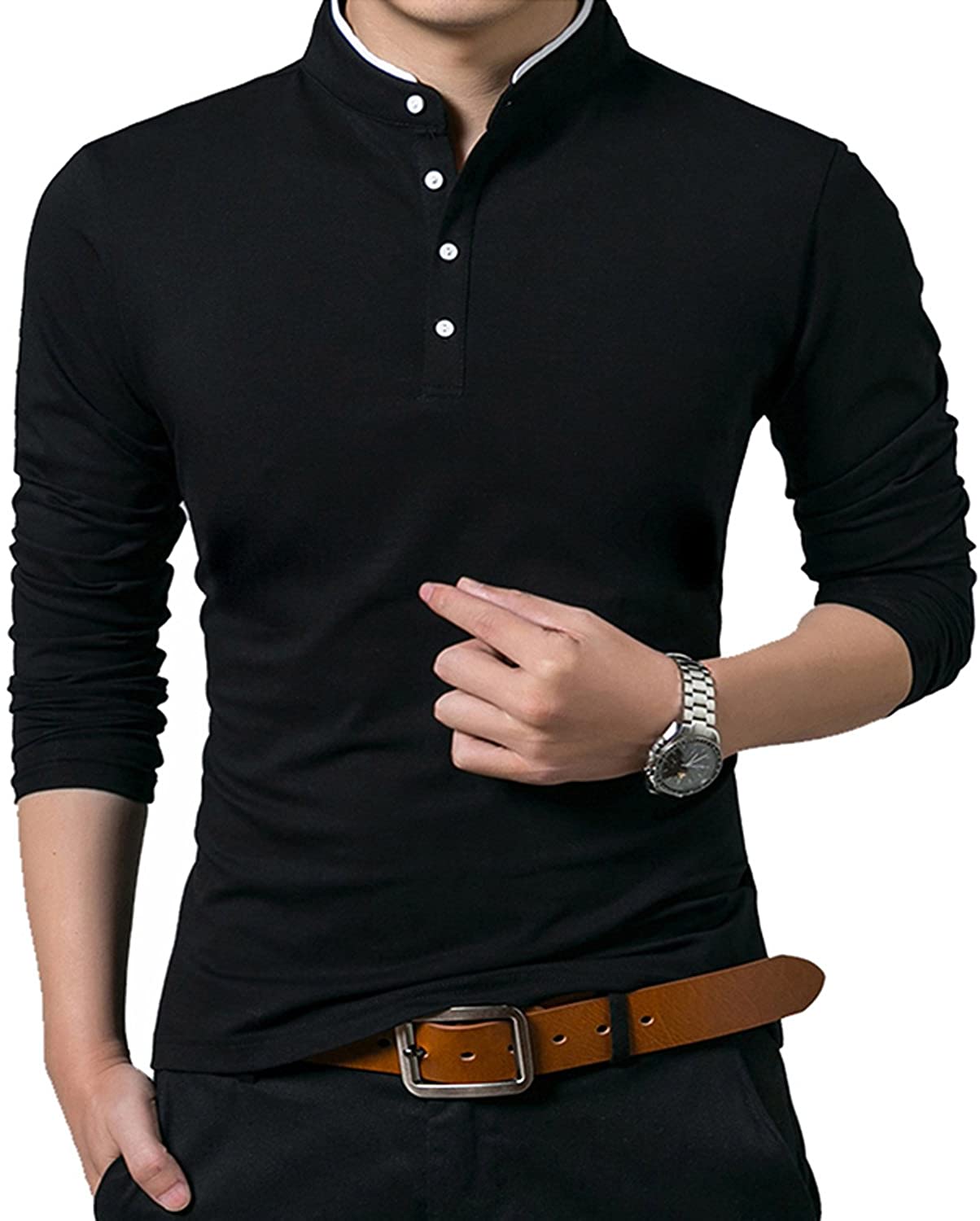 KUYIGO Men’s Casual Slim Fit Shirts Pure Color Long Sleeve Polo Fashion T-Shirts