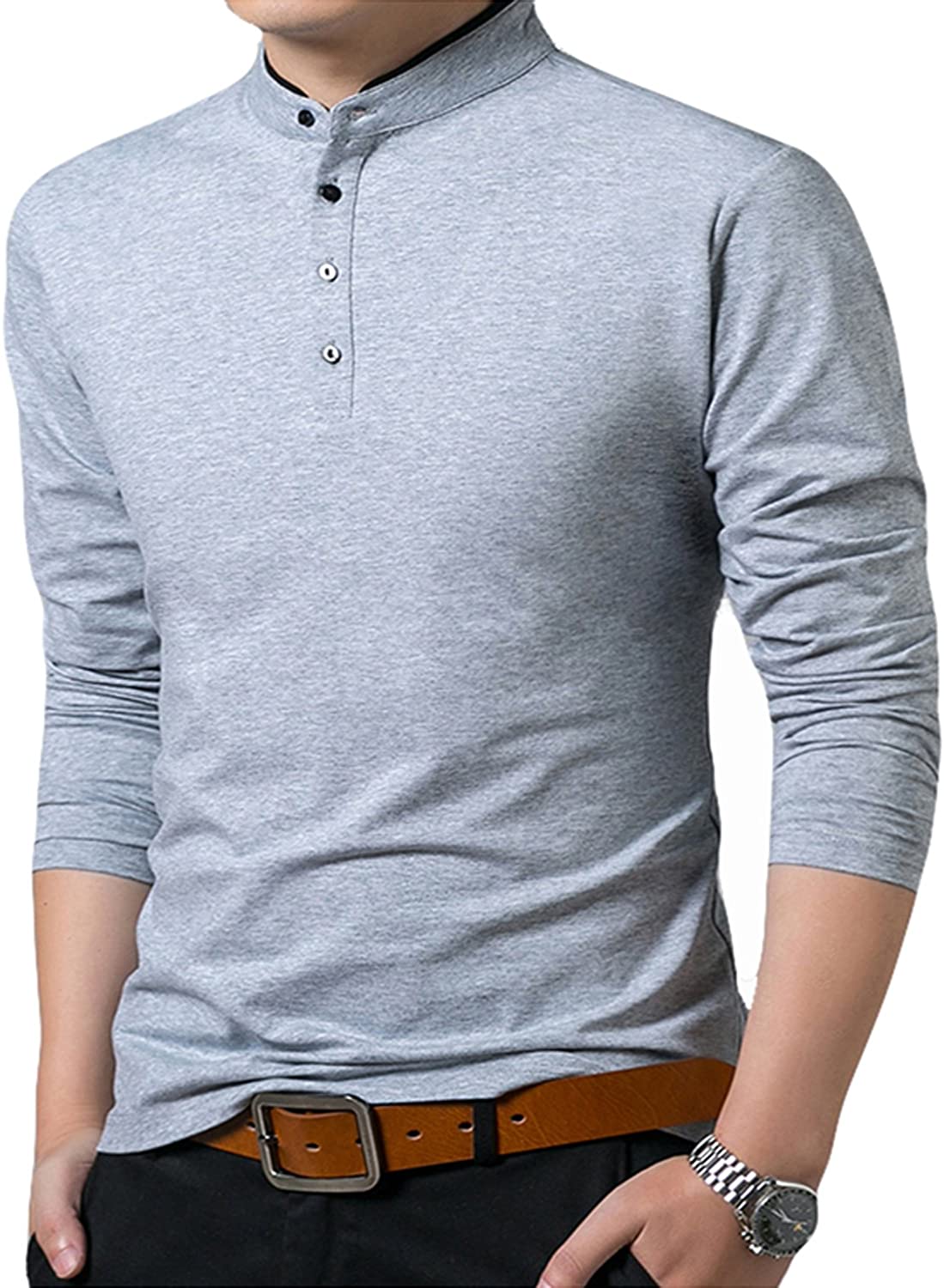 KUYIGO Men’s Casual Slim Fit Shirts Pure Color Long Sleeve Polo Fashion T-Shirts