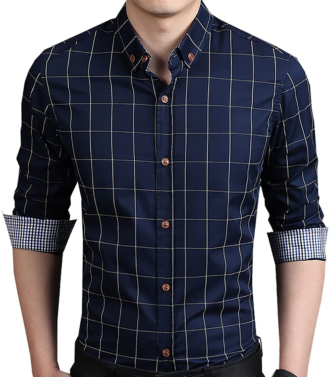 YTD Men's 100% Cotton Long Sleeve Plaid Slim Fit Button Down Dress Shirt