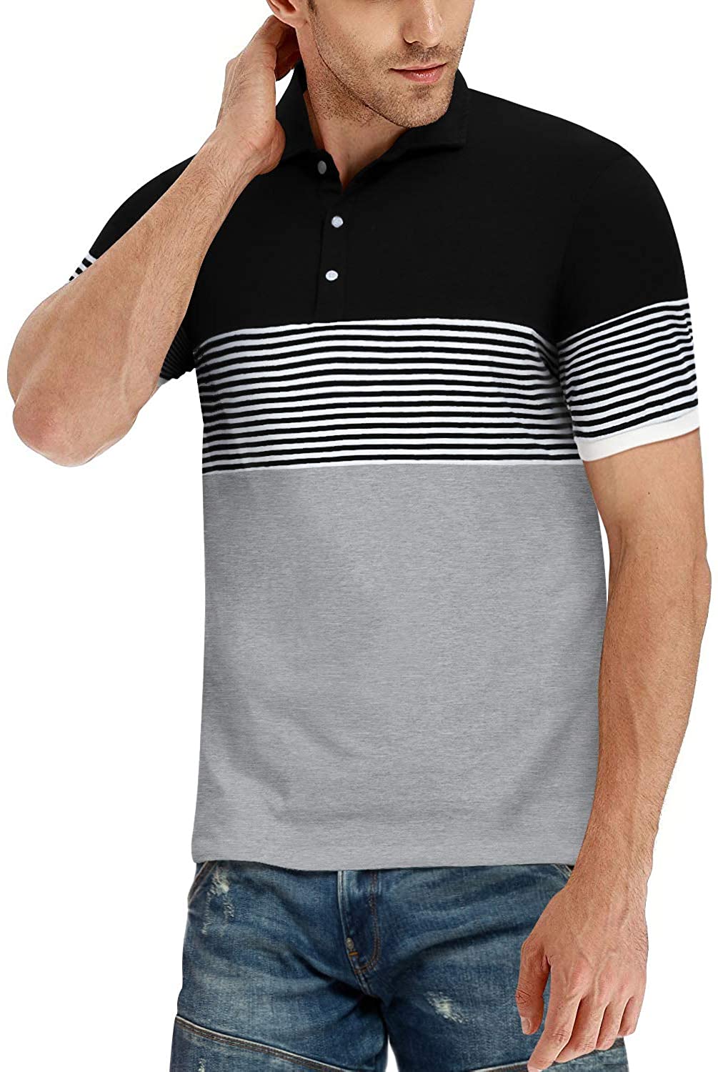 YTD Men's Short Sleeve Polo Shirts Casual Slim Fit Contrast Color Stitching Stripe Cotton Shirts