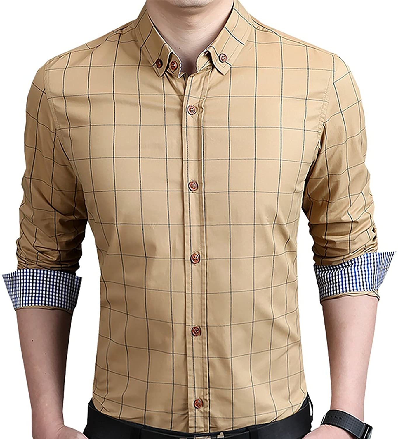 YTD Men's 100% Cotton Long Sleeve Plaid Slim Fit Button Down Dress Shirt